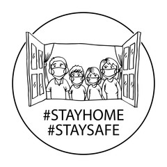 Stay home stay safe sign symbol concept for coronavirus prevention. Black and white.