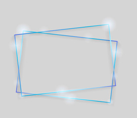 Blue shiny glowing vintage frame with shadows isolated on grey background. Blue luxury realistic rectangle border. Vector