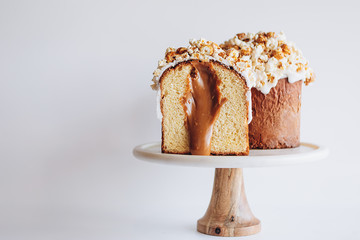 Modern stylish easter pies with toppings, festive composition in rustic style, russian orthodox tradition, Happy Easter card.