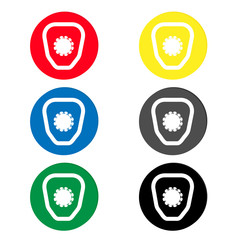 White shield that protects against viruses, germs and bacteria icon with a shadow on the back. Concept of the immune system. Covid virus 2019-nCoV. Red circle button. Vector illustration.