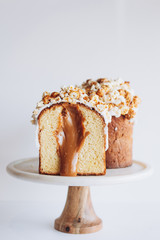 Delicious and appetizing Easter cake on a white background. Copy space
