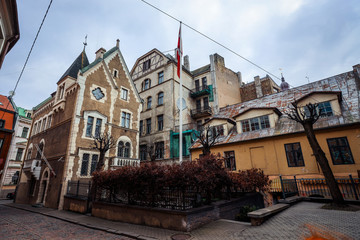 Riga, Latvia - March 03, 2020: Cozy and cute streets of the Old Town