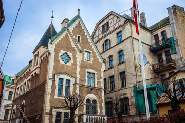 Riga, Latvia - March 03, 2020: Cozy and cute streets of the Old Town