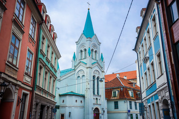 Obraz premium Riga, Latvia - March 03, 2020: Facade view to the Our Lady of Sorrows Church