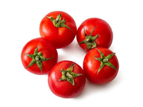 Five ripe, red tomatoes on a white background