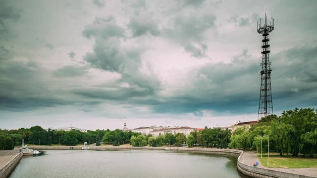 Set. Minsk, Belarus. View Of Cathedral Of Holy Spirit In Minsk. Famous Landmark, Main Orthodox Church Of Belarus. Time Lapse, Timelapse, Time-lapse. Two Buildings Towers Symbolizing Gates Of Minsk