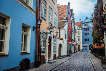 Fototapeta na wymiar Riga, Latvia - March 03, 2020: Cozy and cute streets of the Old Town