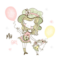 Cute girl in a hat with her doll and balloons. Vector.