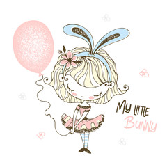 Cute little girl in Bunny ears with a balloon. Vector.