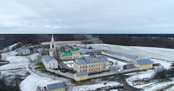 Territory of the religious complex of St. Nicholas monastery. Staraya Ladoga, Volkhov river, Leningrad region, Russia, winter, 4K
