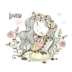 A cute girl in a wreath of flowers is sitting on a stone. Vector.