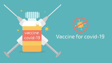 Vaccine bottle with syringe and virus on a blue background.  Illustration about protection covid-19 with treat item.