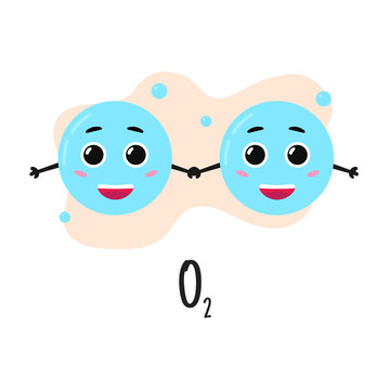 Structure of oxygen molecule. Cartoon character. Study of chemistry. Vector illustration.