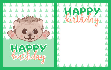 happy birthday greeting card with kawaii doodle hedgehog, cute cartoon drawing animal, editable vector illustration for kids decoration, poster, banner