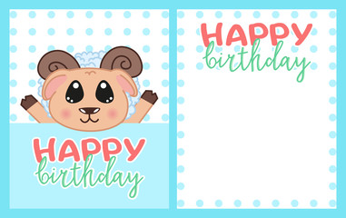 happy birthday greeting card with kawaii doodle ram, cute cartoon drawing animal, editable vector illustration for kids decoration, poster, banner