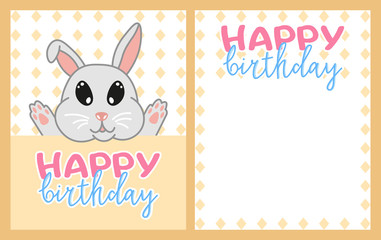 happy birthday greeting card with kawaii doodle rabbit, cute cartoon drawing animal, editable vector illustration for kids decoration, poster, banner