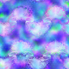 Fototapeta na wymiar Holographic surreal ombre iridescent blend of purple green and blue with digital pattern overlay. Soft flowing surreal fantasy graphic design. Seamless repeat raster jpg pattern swatch.