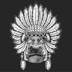 Portrait of hippopotamus, hippo. Indian tribal traditional headdress with feathers. Wild african animal.