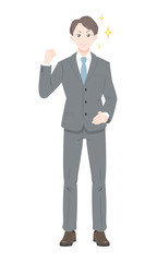 ガッツ　ポーズ　ビジネス　スーツ　足開く　男性　全身