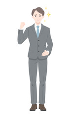 ガッツ　ポーズ　ビジネス　スーツ　男性　全身