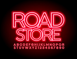 Vector neon banner Road Store. Red Alphabet Letters and Numbers. Glowimg electric Font