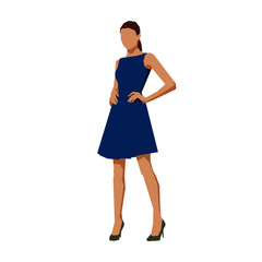 Woman standing in blue summer dress, flat design geometric isolatated vector illustration. Young woman with hands on hips