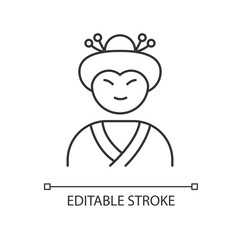 Geisha pixel perfect linear icon. Japanese woman in attire. Geiko with traditional hairstyle. Thin line customizable illustration. Contour symbol. Vector isolated outline drawing. Editable stroke