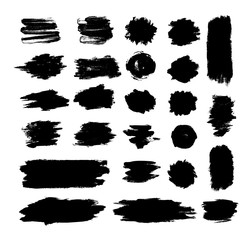 Collection of vector blots, grunge textures, spots, borders, stains, frames, splashes, ink brushes, and backdrops. Set for any design. Hand-drawn silhouettes and shapes on a white background.