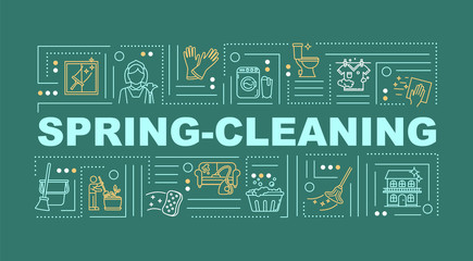 Spring cleaning word concepts banner. Housekeeping and disinfection. Sanitize home. Infographics with linear icons on green background. Isolated typography. Vector outline RGB color illustration