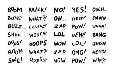 Vector collection of phrases, and comic words for sales, chats, and expressive messages. Set with black and white lettering on a white background.