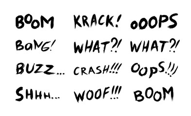 Vector collection of phrases, and comic words for sales, chats, and expressive messages. Set with black and white lettering on a white background.