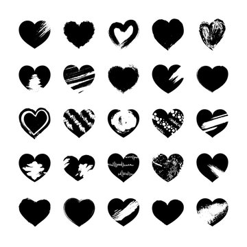 Collection of vector grunge heart frames. Set of fill and empty signs for romantic invitations, cards, and decorations. Hand-drawn textured shapes and silhouette templates for your design.