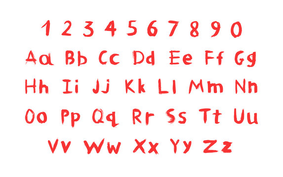 Vector set of textured and grunge letters, numbers and punctuation marks for your font. Alphabet with exclamation and question mark, plus, minus, colon, point, comma and other signs. Handwritten ABC.