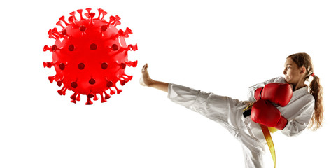 Beat the disease. Sportsgirl martial arts kicking, punching coronavirus, protection and treatment concept. Chinese virus treatment. Healthcare, medicine, sport and activity during quarantine. Flyer.