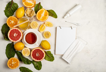 Products to enhance immunity and tools to prevent diseases. Flat lay. Copy space for text.