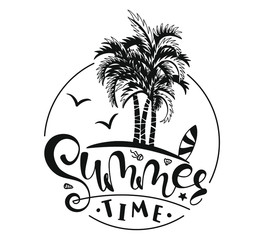 Fototapeta na wymiar Summer time. Hand written lettering with palm. Calligraphy phrase, black text isolated on white background. Summer typography for photo overlays, t-shirt print, flyer, poster design