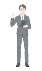 ガッツ　ポーズ　ビジネス　スーツ　タブレット　足開く　男性　全身