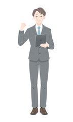 ガッツ　ポーズ　ビジネス　スーツ　タブレット　男性　全身