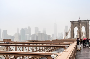 Foggy Manhattan View from Brooklyn Bridge, New York City