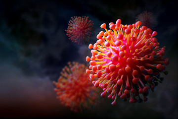 3D render of pathogenic coronavirus organism infecting and causing disease , Covid-19, Microscope virus closeup 3d rendering, Concept of flu outbreak influenza pandemic