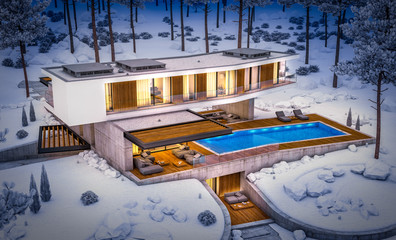 3d rendering of modern cozy house on the hill with garage and pool for sale or rent with beautiful landscaping on background. Cool winter night with cozy light inside.