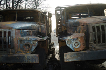 old rusty truck. burned out truck.