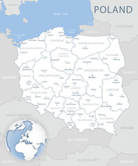 Blue-gray detailed map of Poland and administrative divisions and location on the globe. Vector illustration