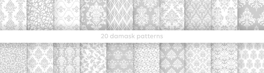 Big set of vector elegant damask patterns. Vintage royal patterns with a label. Seamless vector patterns. - obrazy, fototapety, plakaty