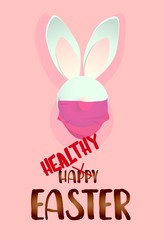 Fototapeta premium Easter banner or greeting card. Have a healthy and happy easter. Rabbits in a medical mask. vertical banner. Realistic vector illustration..
