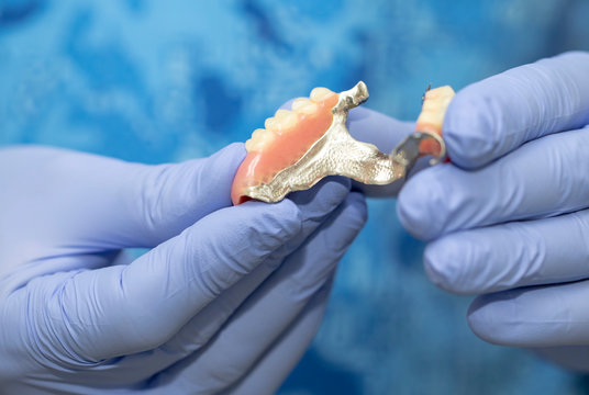 Close up dentist hands looking part of denture