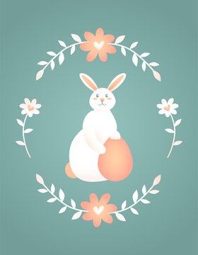 Silhouette of an easter bunny on blue green background with flower frame. Flat, cartoon, retro style, stock vector illustration for web, print, postcard, wallpaper.