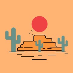 cactus plant mountains view with sunset -icon- vector illustration