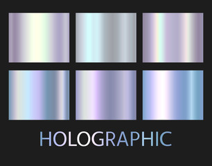 Holographic, silver, bronze and golden foil texture background set. Vector graphic iridescent neon patterns. Gold hologram metalic gradient collection - obrazy, fototapety, plakaty