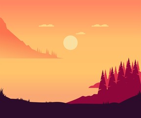 Forests and mountains view with sunset - vector illustration